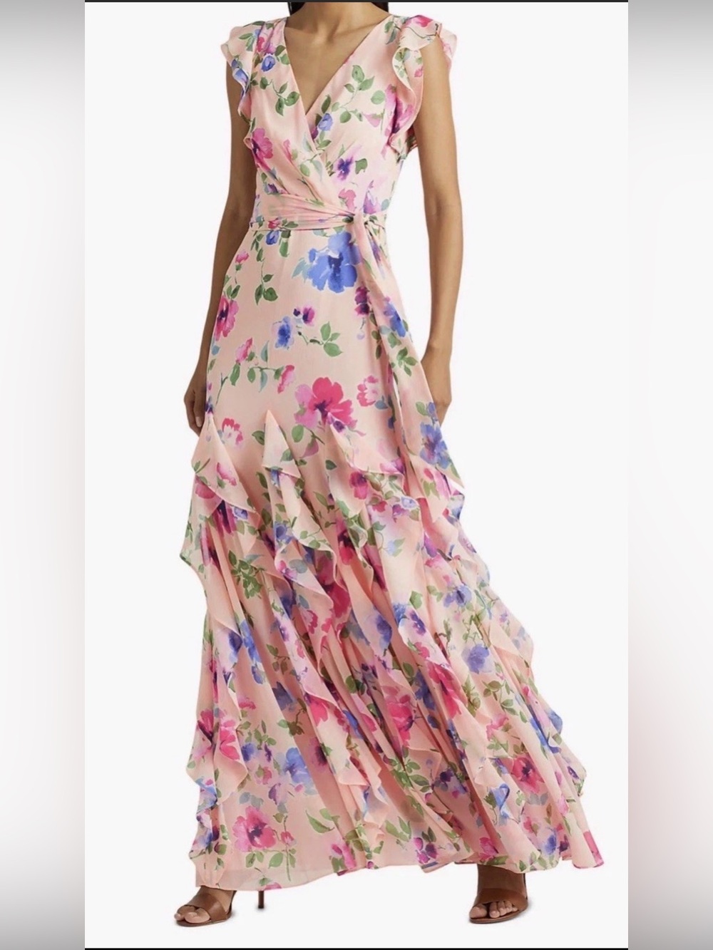 Ralph Lauren Size 4 Pink Floral Wrap Maxi Dress Ruffle Summer Wedding RP $298 - Picture 2 of 3